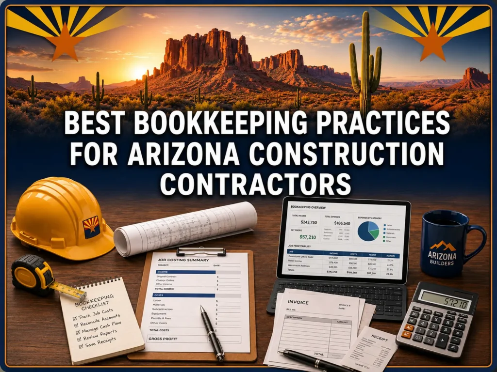 Image of a desert landscape at sunset with a cactus and mountains. Foreground shows construction items, papers, a laptop, and calculator, emphasizing bookkeeping for Arizona contractors.