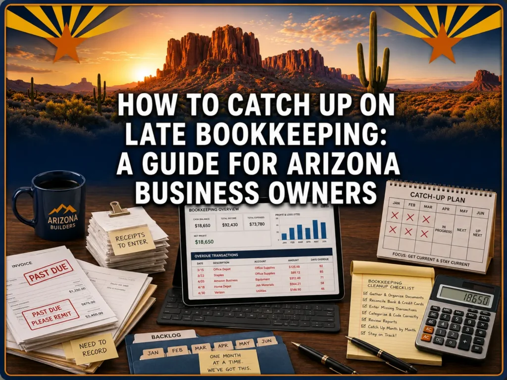 "How to Catch Up on Late Bookkeeping: A Guide for Arizona Business Owners" over a desert landscape with saguaro cacti and red rock formations. Below, a desk displays past due invoices, a calendar, and bookkeeping tools, conveying urgency and productivity.