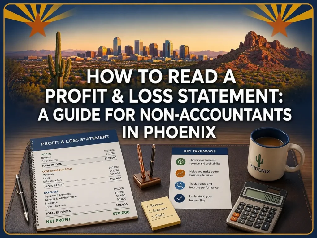 Guide on reading a profit and loss statement featuring Phoenix skyline. Includes a P&L statement, key takeaways, a calculator, a mug, and a scenic view.