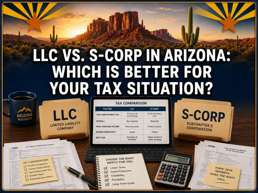 Desert sunset with cacti backdrop, text asks "LLC vs. S-Corp in Arizona: Which is better for your tax situation?" Papers, calculator, and coffee cup on desk.