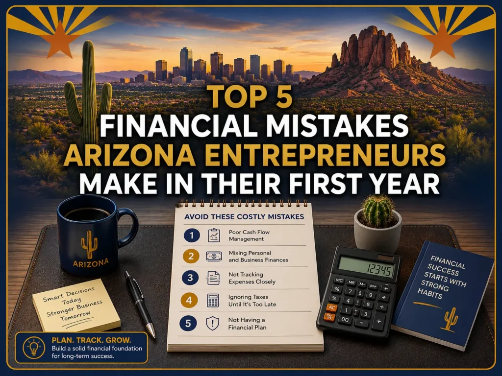 Top 5 financial mistakes by Arizona entrepreneurs in the first year, set against a desert landscape. Includes a list, calculator, mug, pen, and sticky note.