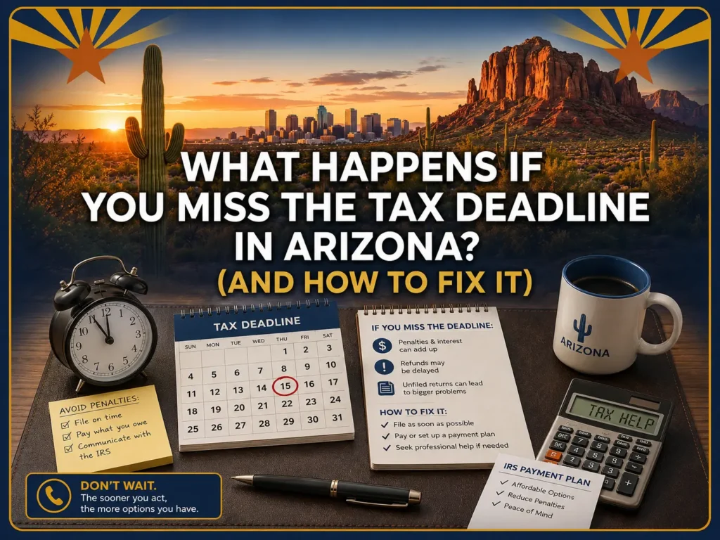 What Happens If You Miss the Tax Deadline in Arizona." Includes a calendar, checklist, coffee mug, clock, and a calculator labeled "Tax Help." Background features an Arizona desert landscape at sunset, with a cactus and mountains. Tone is informative and urgent.